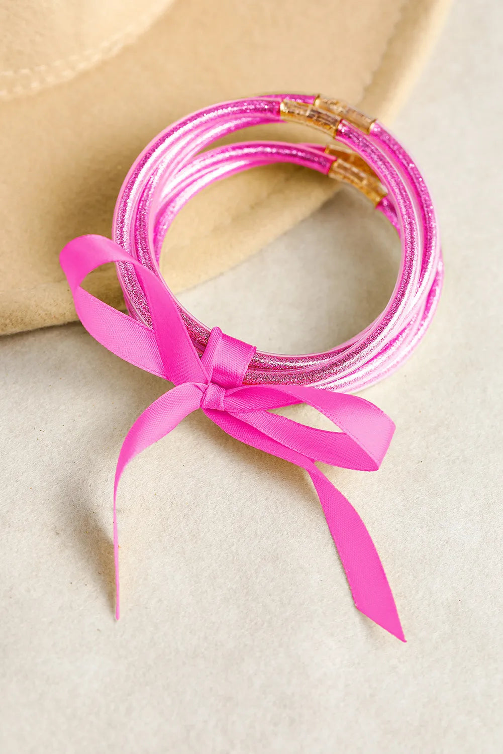 Pink Glitter Bowknot Layered Jelly Bracelet Pink ONE SIZE 100%PU Bracelets - Tophatter Daily Deals